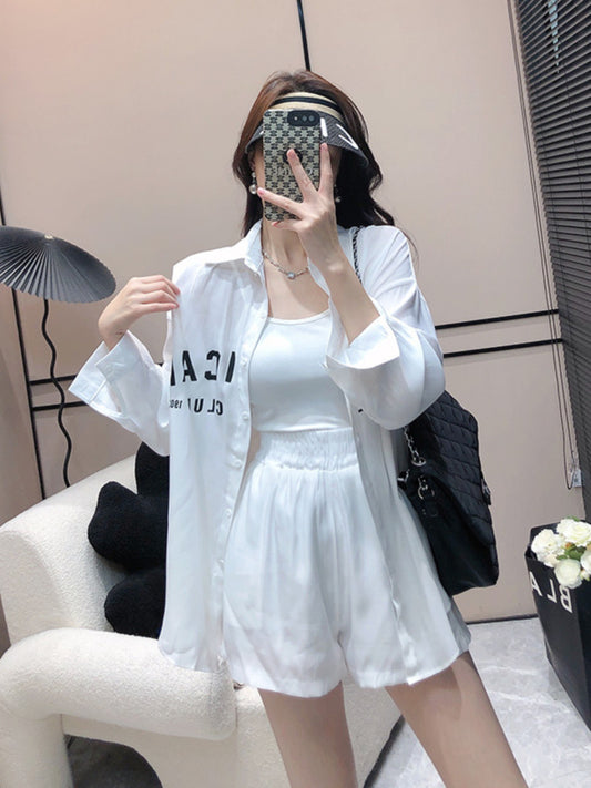 Korean style casual chic fashion suit female summer loose sunscreen shirt + camisole + wide-leg shorts three-piece set