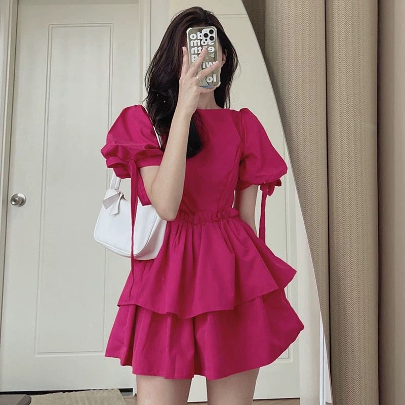 Girl Slimming Mini Dress Korean Chic Summer Foreign Style Age-reducing Round Neck Ruffled Girl Slimming Mini Dress Korean Chic Summer Foreign Style Age-reducing Round Neck Ruffled