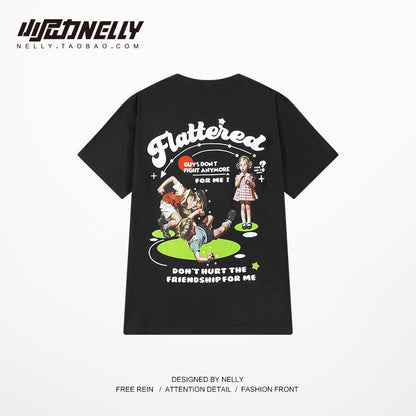 Short-sleeved men's trendy brand ins trend summer loose T-shirt couple outfit hip-hop half-sleeved t-shirt national tide top five-quarter sleeves