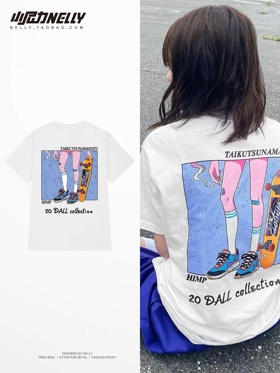 European and American vintage retro hip-hop ins printed cotton T-shirt men's trend summer high street loose half-sleeved short-sleeved