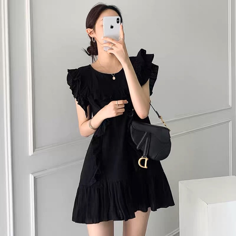 Korean chic summer French temperament round neck stitching ruffles loose flying sleeves small dress skirt