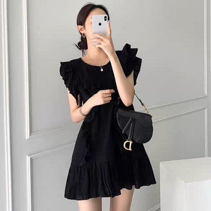 Korean chic summer French temperament round neck stitching ruffles loose flying sleeves small dress skirt