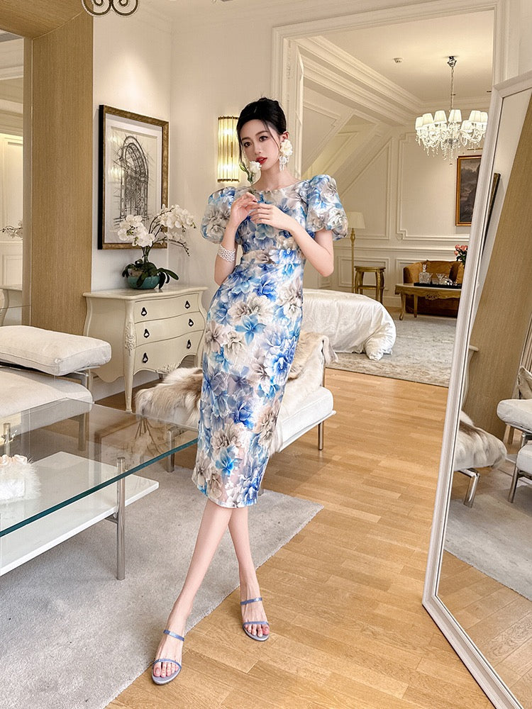Retro Elegant Light Cooked Floral Floral Hip Dress Women's Wear Light Luxury Age Reduction Slim Puff Sleeve Temperament Straight Skirt