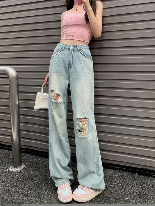 Retro blue careful machine ripped jeans women's loose drape wide-leg pants summer high-waist straight-leg pants long pants