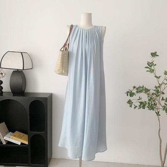 Duolaimei wind blue high-quality acetate dress women's spring and summer new mid-length vest skirt