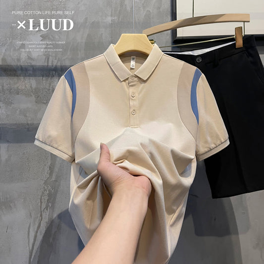 LUUD shoulders color matching stitching lapel POLO short-sleeved shirt European fashion high-quality slim-fit polo shirt for men