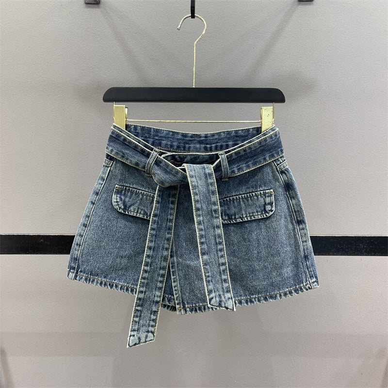 2023 Summer New Irregular Retro Denim Skirt Women's Fake Two-Piece Hakama Slim A-Line Wide-leg Shorts