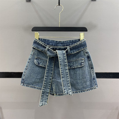 2023 Summer New Irregular Retro Denim Skirt Women's Fake Two-Piece Hakama Slim A-Line Wide-leg Shorts