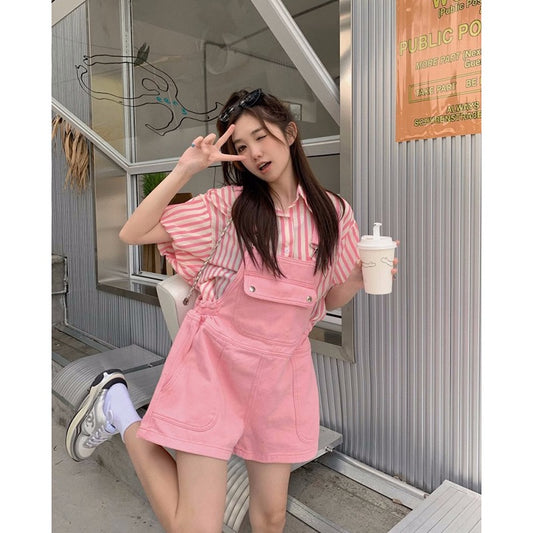 Design sense sweet age-reducing striped short-sleeved shirt high waist strap jeans women's summer 2023 new two-piece set