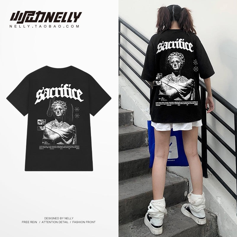 High street retro t-shirt men's hip-hop short-sleeved summer loose five-point sleeve trend tide brand ins boy compassionate Harajuku style