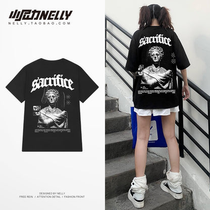 High street retro t-shirt men's hip-hop short-sleeved summer loose five-point sleeve trend tide brand ins boy compassionate Harajuku style