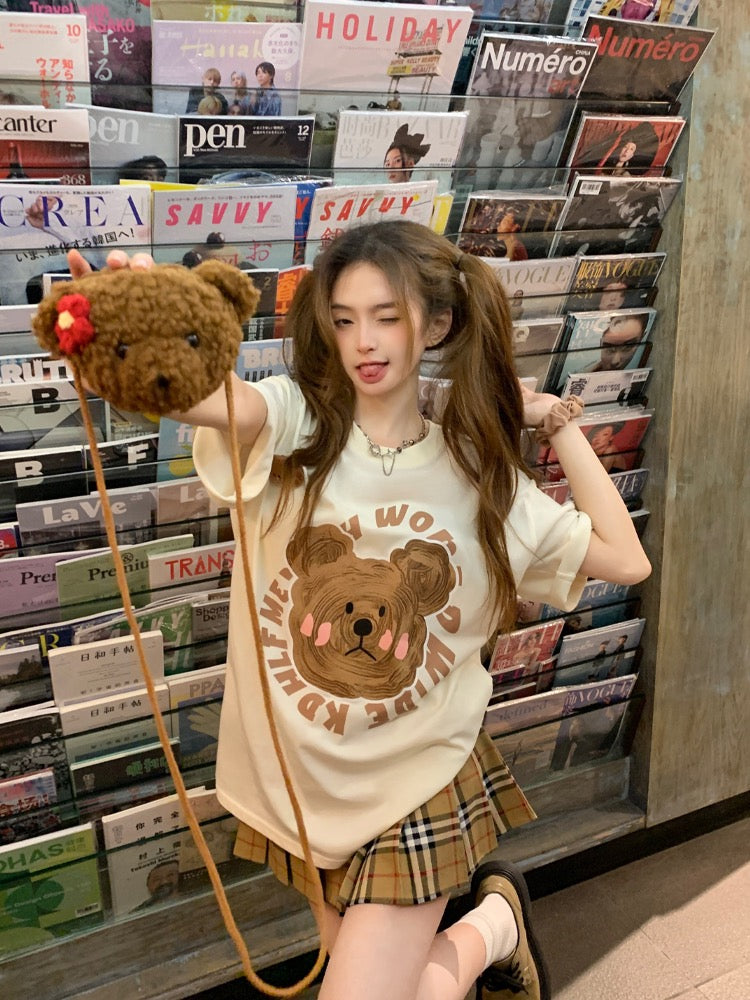 Kumikumi cute bear print short-sleeved round neck T-shirt women's summer loose slim casual all-match tops