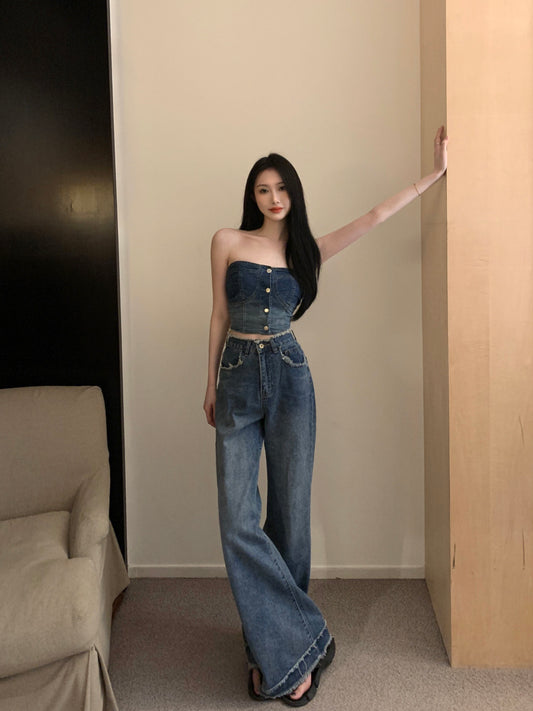 Retro distressed jeans women's summer 2023 new high waist slim wide leg pants straight trousers all-match mopping pants