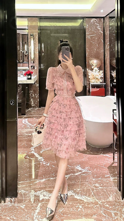 BETTER LS Sweet Pink Fragrant Wind Cake Dress High-quality Heavy Industry Beaded French Dress