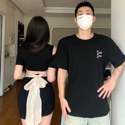 Couple wear summer clothes 2023 new niche design short-sleeved T-shirt women's waist slimming dress one skirt and one suit