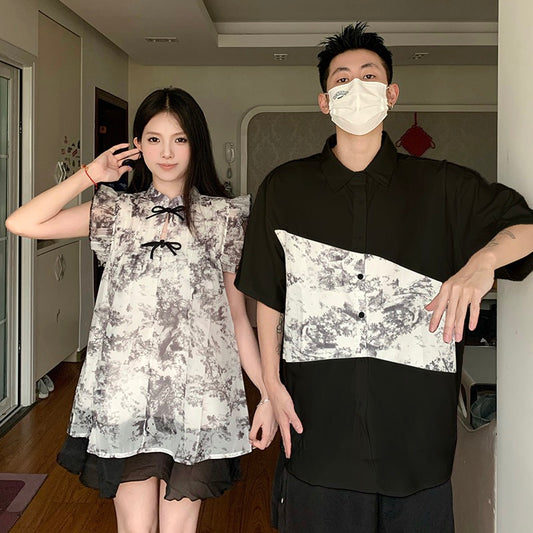 Lovers' clothes, summer clothes, niche design sense, ins super hot stitching, short-sleeved shirt, Chinese style dress, one skirt and one clothes