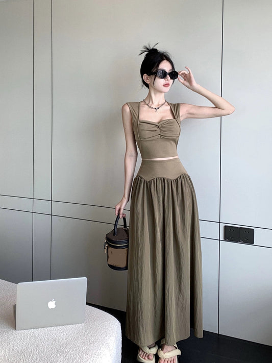 Temperament retro square collar vest chic top sweet and spicy suit summer waist slimming skirt two-piece women's clothing