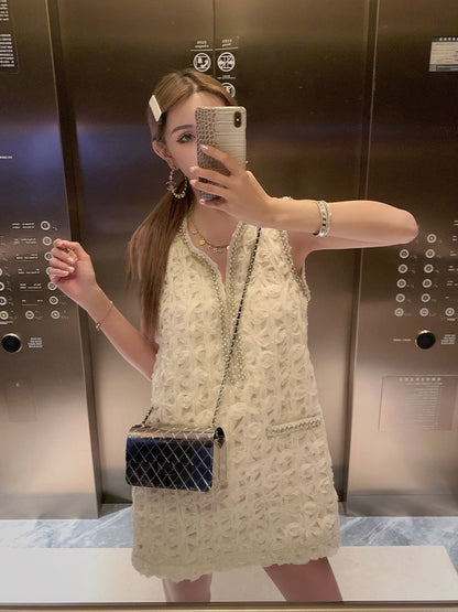 Heavy industry beaded skirt 2023 spring new lace woven hollow vest skirt tea break French dress