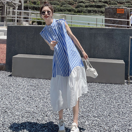 Striped mosaic chiffon dress women's summer 2023 new polo Korean version loose slim casual a-line long skirt