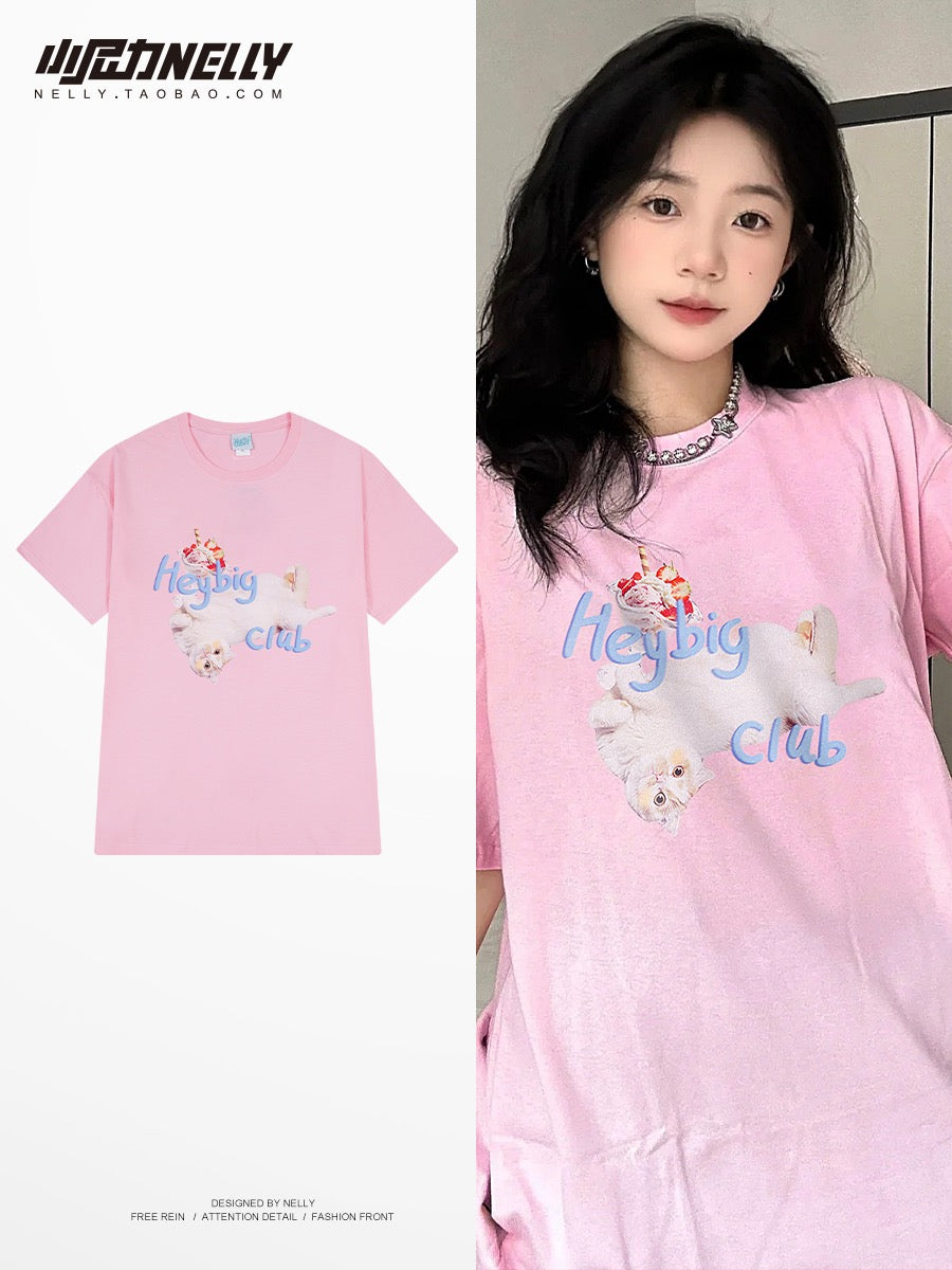 Kitten t-shirt loose summer style half-sleeved thick t-shirt fun funny cat dirty pink short-sleeved men's and women's clothes bf