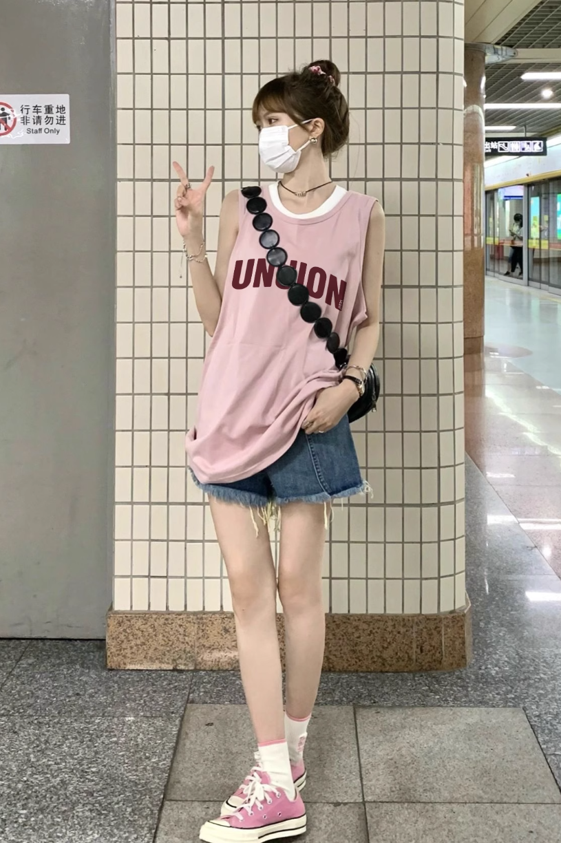 Pink little man vest sleeveless t-shirt female summer new American style retro sweet hot girl loose ins vest top
