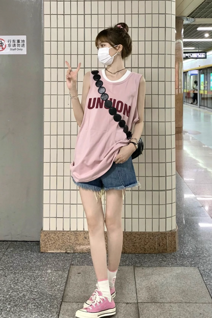 Pink little man vest sleeveless t-shirt female summer new American style retro sweet hot girl loose ins vest top