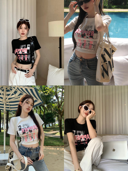 Kumikumi hot girl round neck short-sleeved letter print T-shirt women's spring Hong Kong flavor retro all-match short top tide