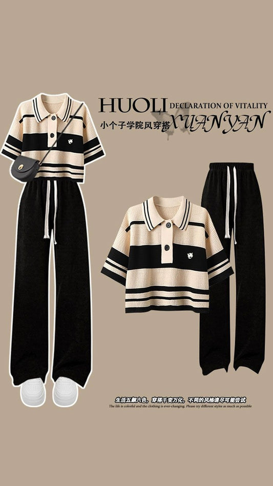 Hong Kong-style chic striped shoulder short-sleeved t-shirt women's summer 2023 new small polo collar slim top