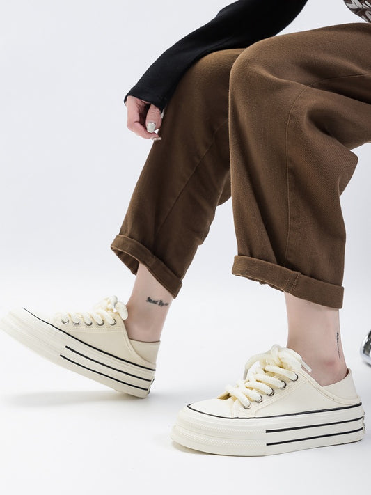 2023 summer new thick-soled heightened two-wear small white shoes women's all-match breathable half-drag student canvas shoes women's casual