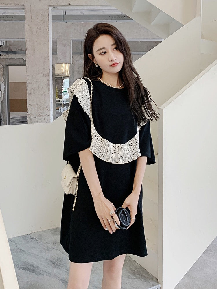 Black French style small fragrance dress female summer small new splicing lotus leaf edge loose casual t-shirt skirt