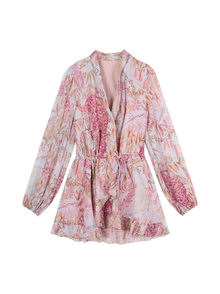 French floral v-neck long-sleeved chiffon dress women's summer high-quality tie-up skirt temperament pink skirt
