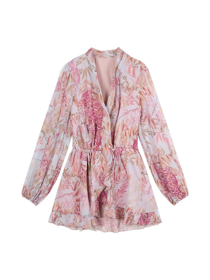 French floral v-neck long-sleeved chiffon dress women's summer high-quality tie-up skirt temperament pink skirt