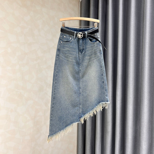 Trendy ins design sense irregular denim skirt women's summer new tassels slim high waist a-line bag hip dress