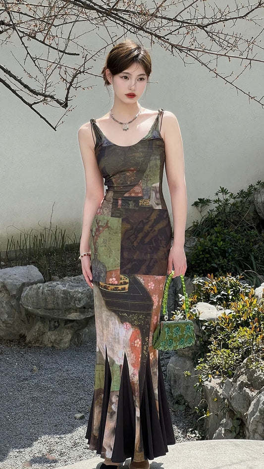 MOXI new Chinese style vintage dress stretch niche design slim print long suspender dress