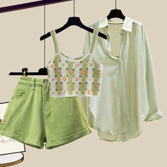 Summer small net red wear hot girl suit female summer green camisole shirt short pants three-piece suit