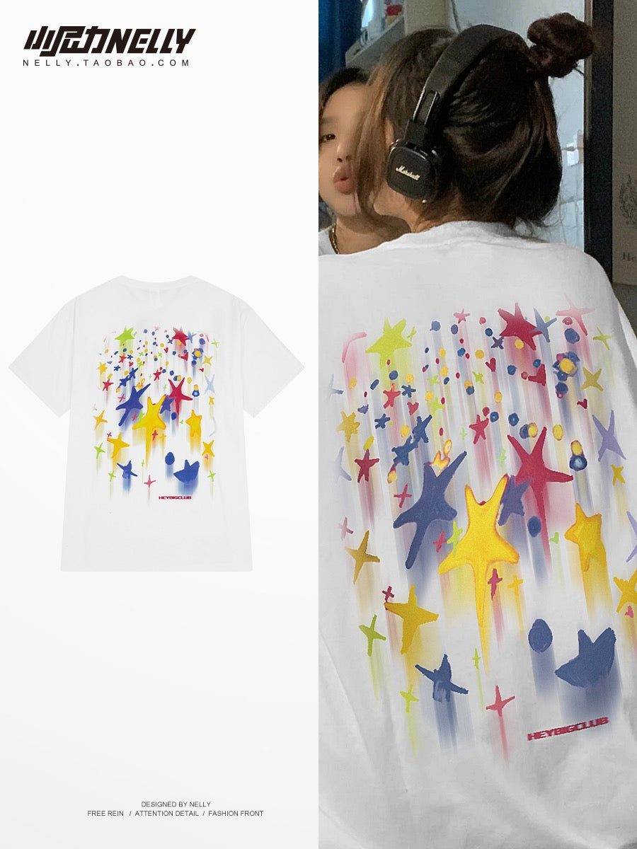 Original national tide mid-sleeve oversize half-sleeved graffiti short-sleeved men's and women's loose high street T-shirt American half-sleeved tee