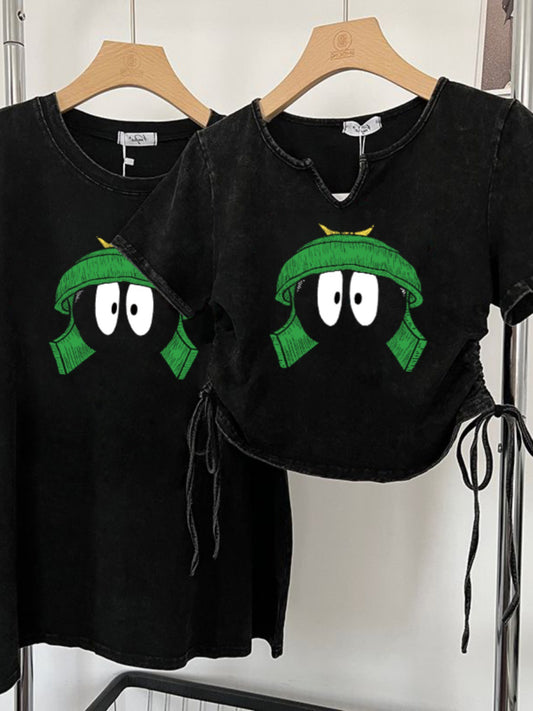 Frosty style old washed short-sleeved t-shirt women's summer high-end thin T-shirt short section drawstring on both sides hot girl top