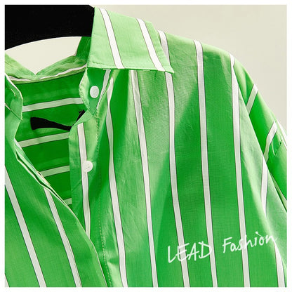 Avocado green vertical striped mid-length shirt women's 2023 summer new Korean style lantern sleeve loose casual shirt