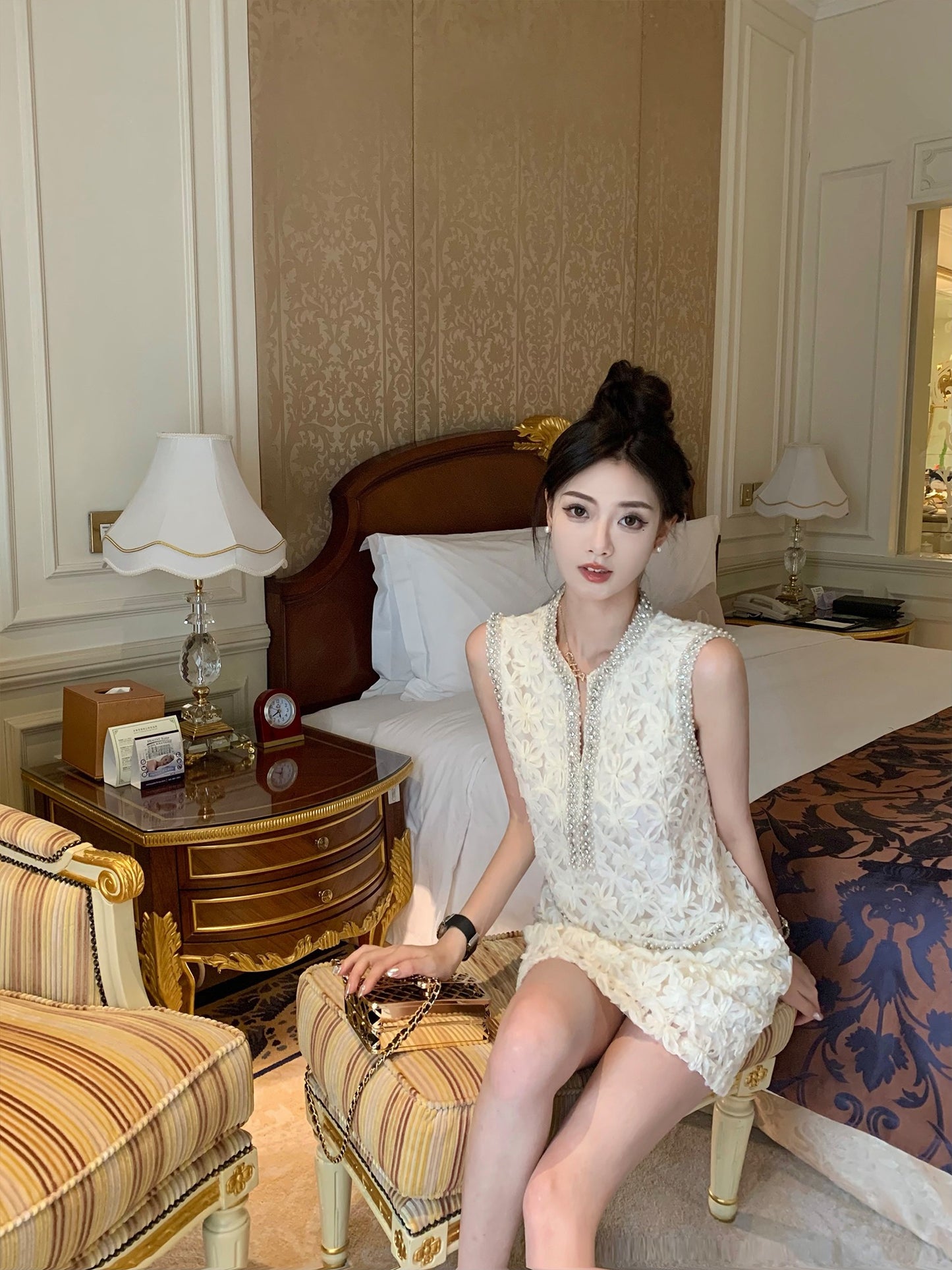 J11 Studio/Rich Family Daughter Heavy Industry Nail Beads Playful Temperament Covering Meat Showing Thin Fragrance Off-shoulder Dress Female