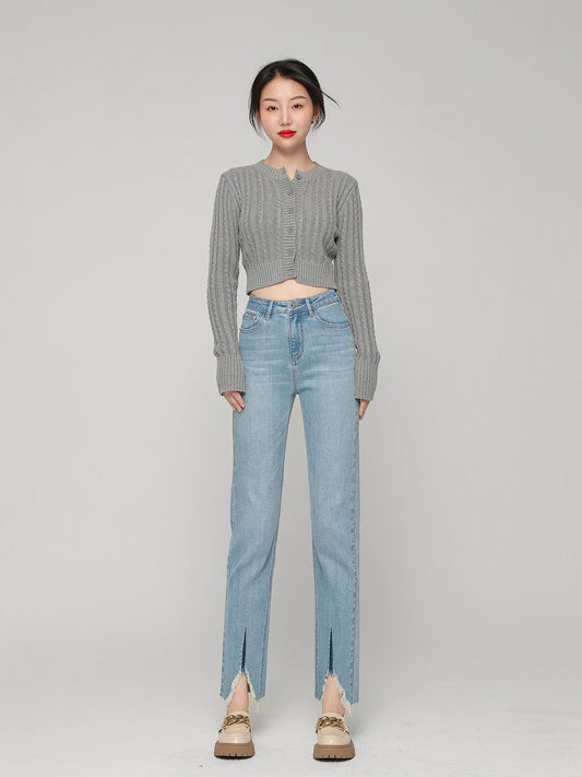 Wang Youshan high-waisted jeans women's nine-point cigarette pipe 2023 spring and summer new small loose straight-leg pants light blue