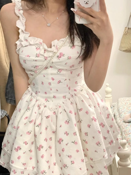 French temperament small suspender dress women's summer tutu skirt floral skirt niche design sense short skirt