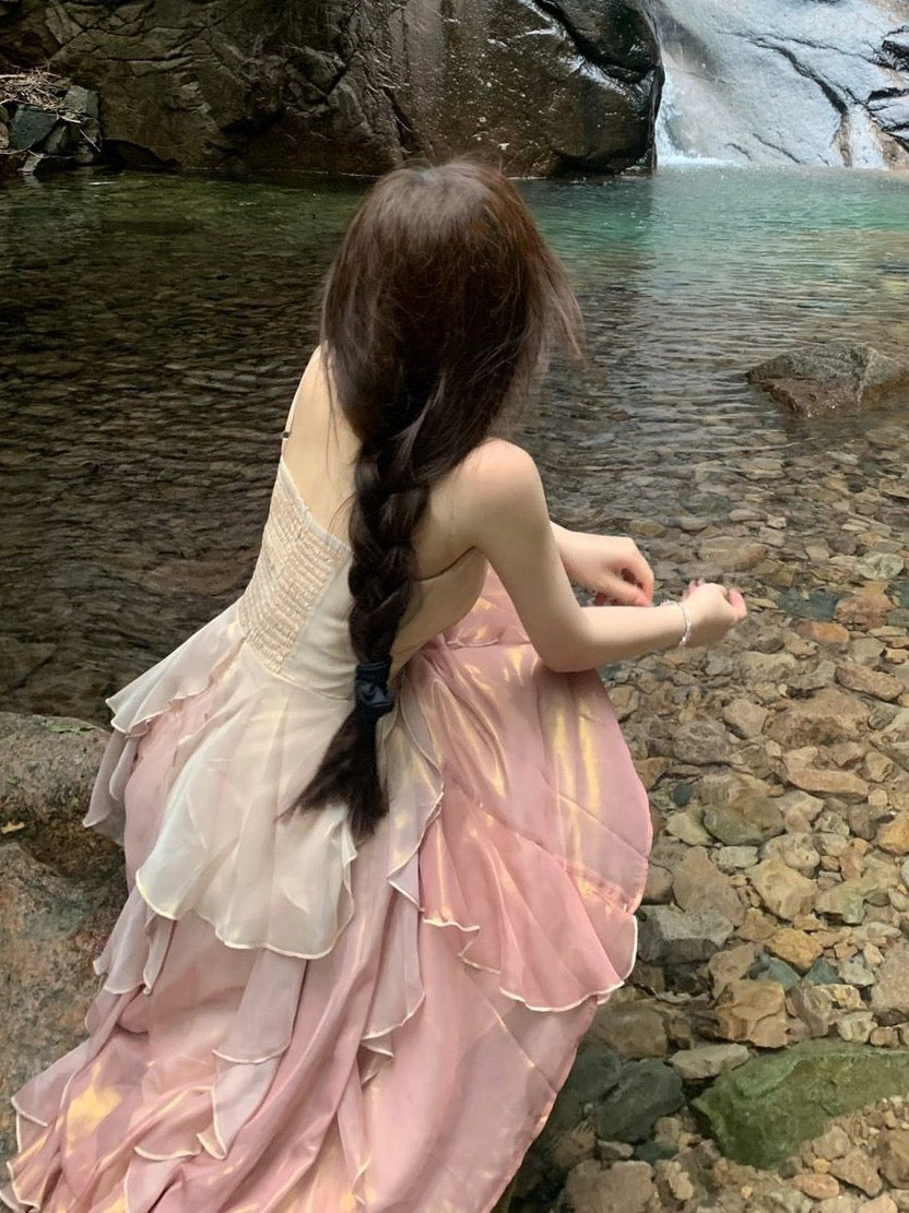 Lotus leaf edge temperament suspender dress pure desire super fairy heavy industry dress Thai-style minority holiday seaside beach summer