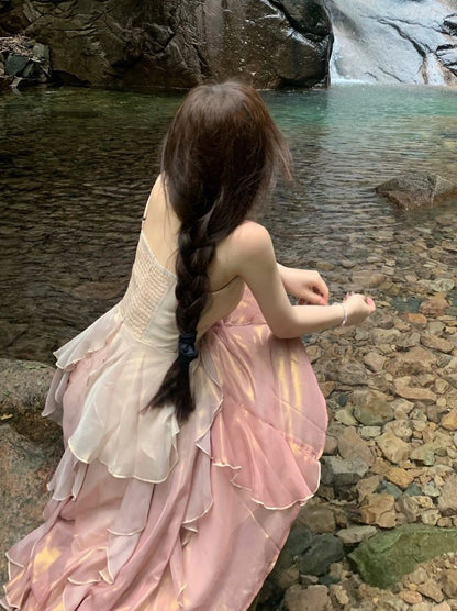 Lotus leaf edge temperament suspender dress pure desire super fairy heavy industry dress Thai-style minority holiday seaside beach summer