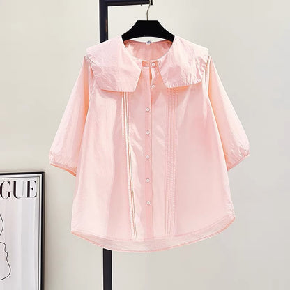 Pink doll collar lantern sleeve thin shirt women 2023 summer Xinhan fan art loose casual lantern sleeve shirt