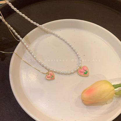 Love Tulip Pearl Necklace Female Summer Pink Flower Pendant Clavicle Chain Light Luxury Niche Design Sense Necklace