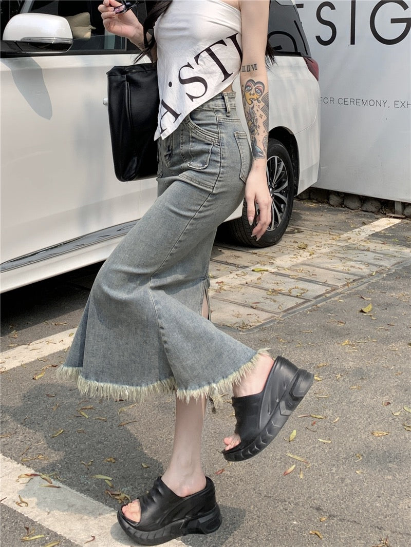 Kumikumi retro nostalgic denim skirt women's summer high waist bag hip mermaid skirt mid-length slit skirt