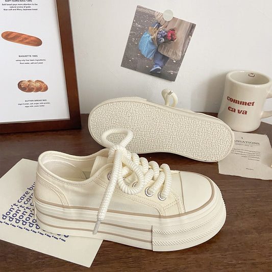 Cream thick-soled canvas shoes women's thin section spring and summer new ins trendy minority Korean version of big head sponge cake student white shoes
