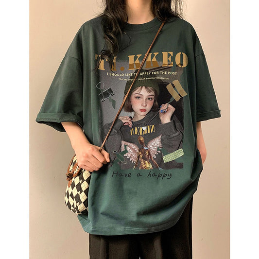 American fun retro hip-hop printed cotton short-sleeved T-shirt men's summer ins street hip-hop loose round neck tops