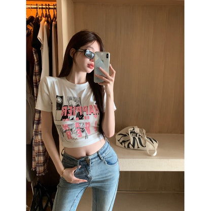 Kumikumi hot girl round neck short-sleeved letter print T-shirt women's spring Hong Kong flavor retro all-match short top tide