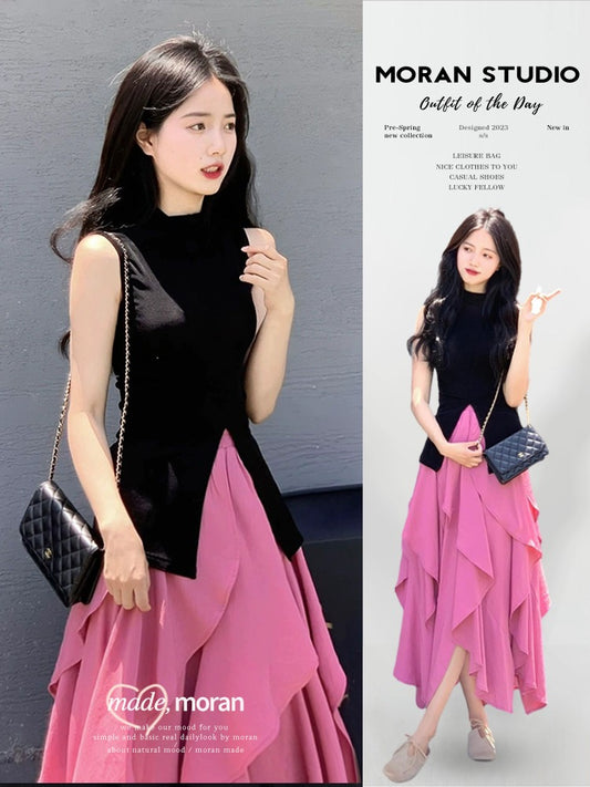 Internet celebrity goddess Fan Zhajie popular fashion suit summer Korean drama heroine wearing a vest top skirt two-piece set